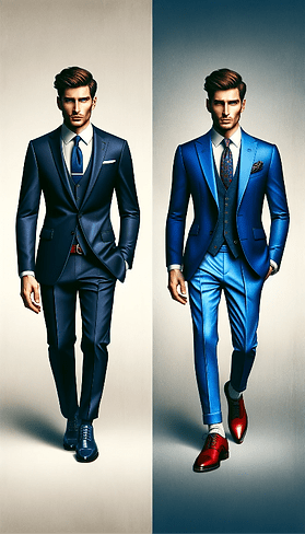 Dwóch elegancko ubranych mężczyzn w różnych odcieniach niebieskich garniturów, prezentujących klasyczną elegancję z nowoczesnymi detalami i stylizacjami.